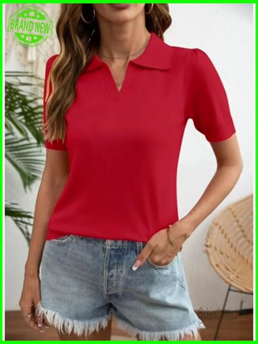 Short Sleeve V-Neck Polo Sweater Pullover Lightweight Ribbed Knit Top